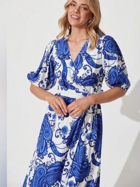 NWOT White Closet Nomi Linen Puff Sleeve Blue Paisley Wrap Midi Dress Medium